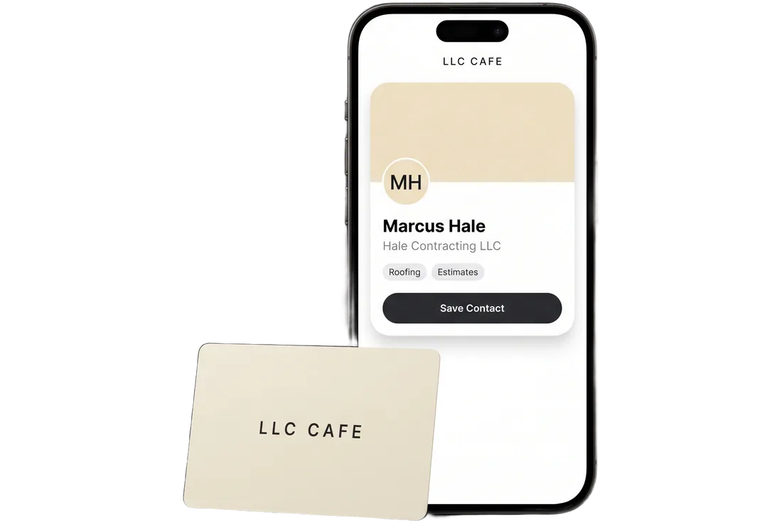 The House Card beside a phone showing an LLC Cafe profile